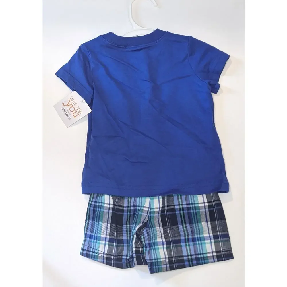 Carter's Fireman 2 piece set 9M Outfit Mommy's Hero Shirt Shorts‎ Blue Plaid